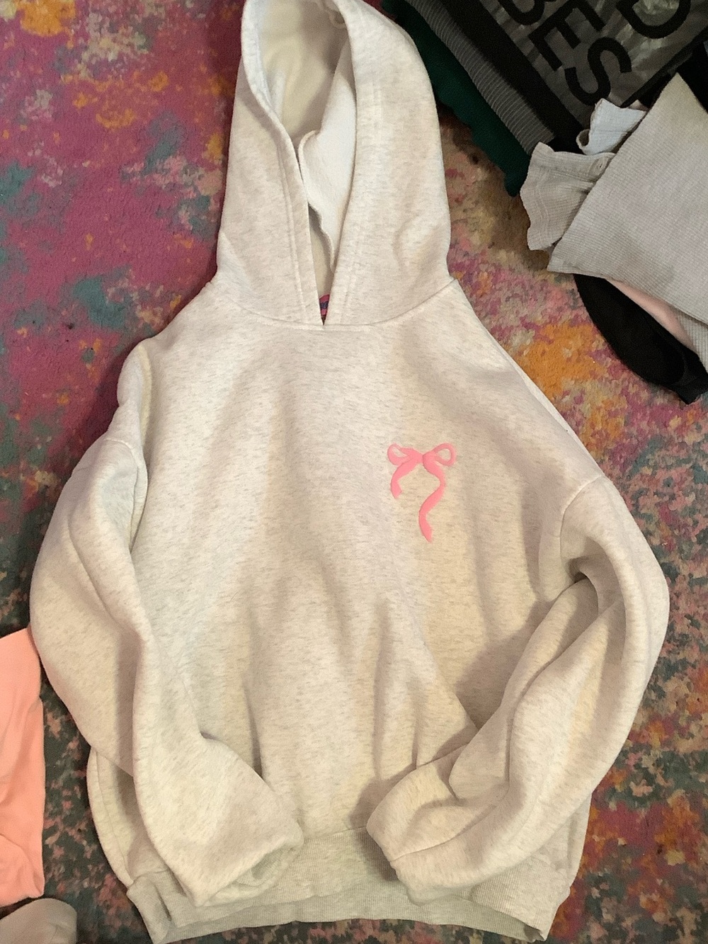 Edikted Cream Hoodie with Pink Ribbon Graphic